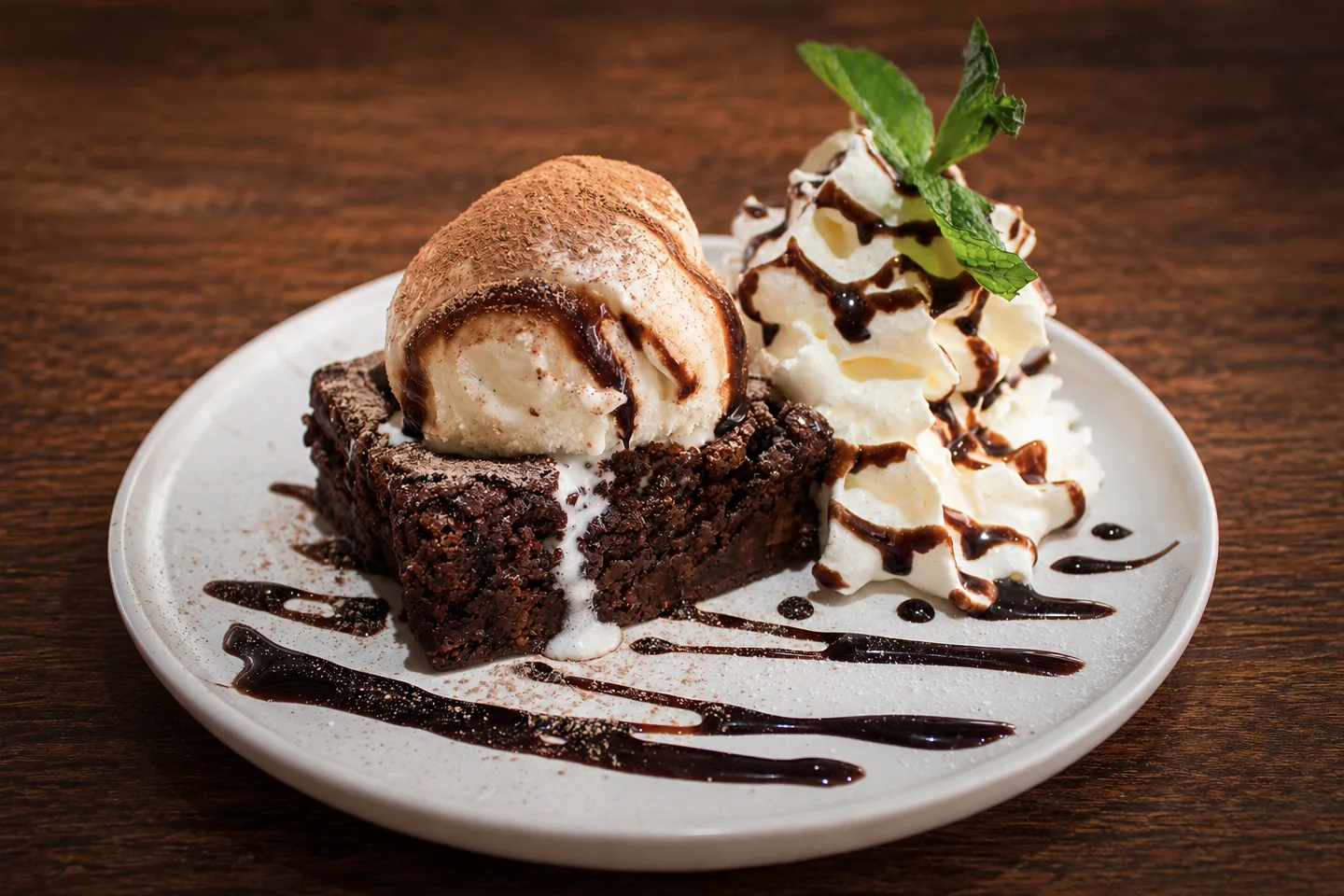 Chocolate brownie with ice cream at La Nueva
